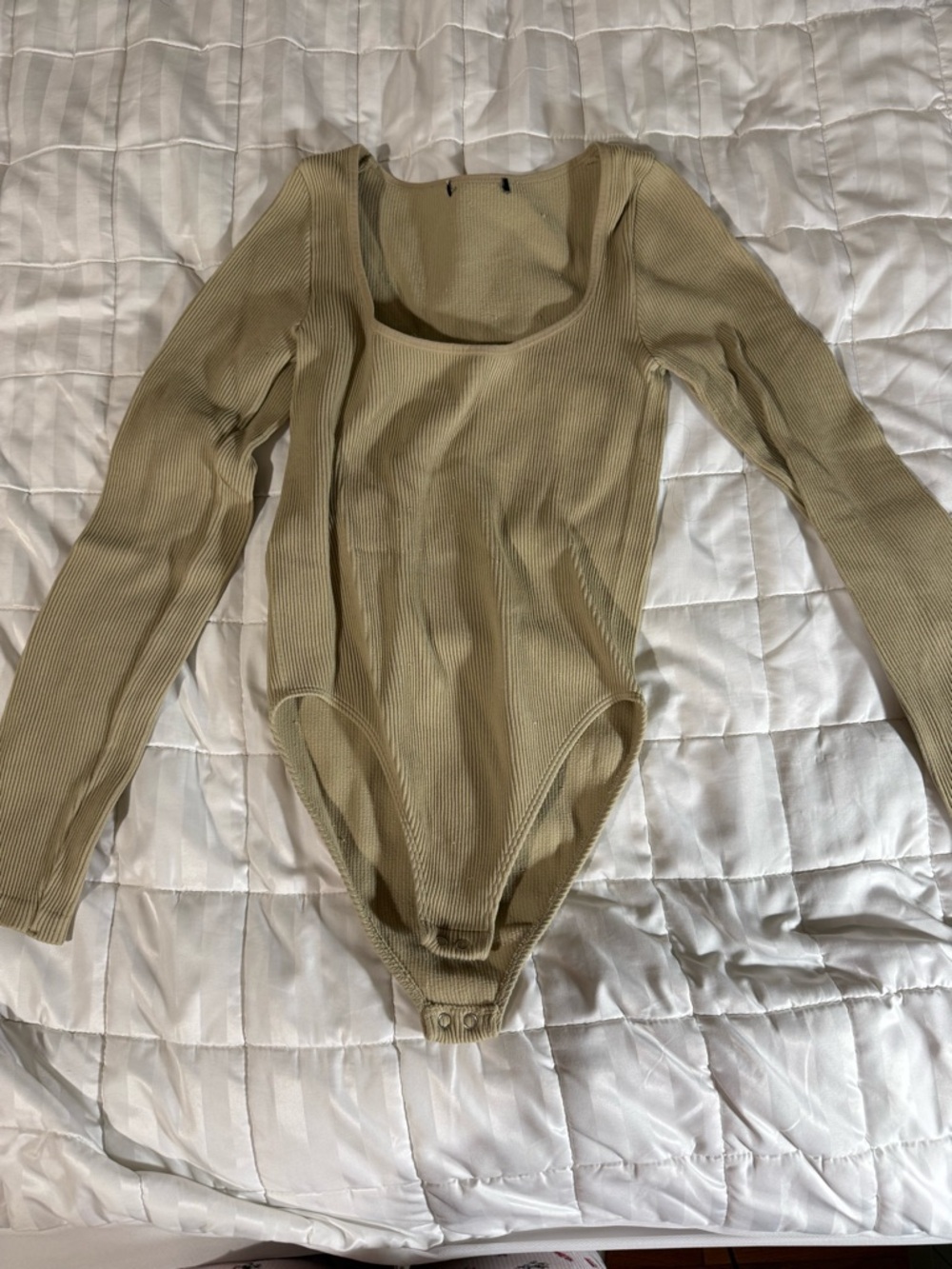 Long Sleeve Ribbed One-Piece Bodysuit in Beige